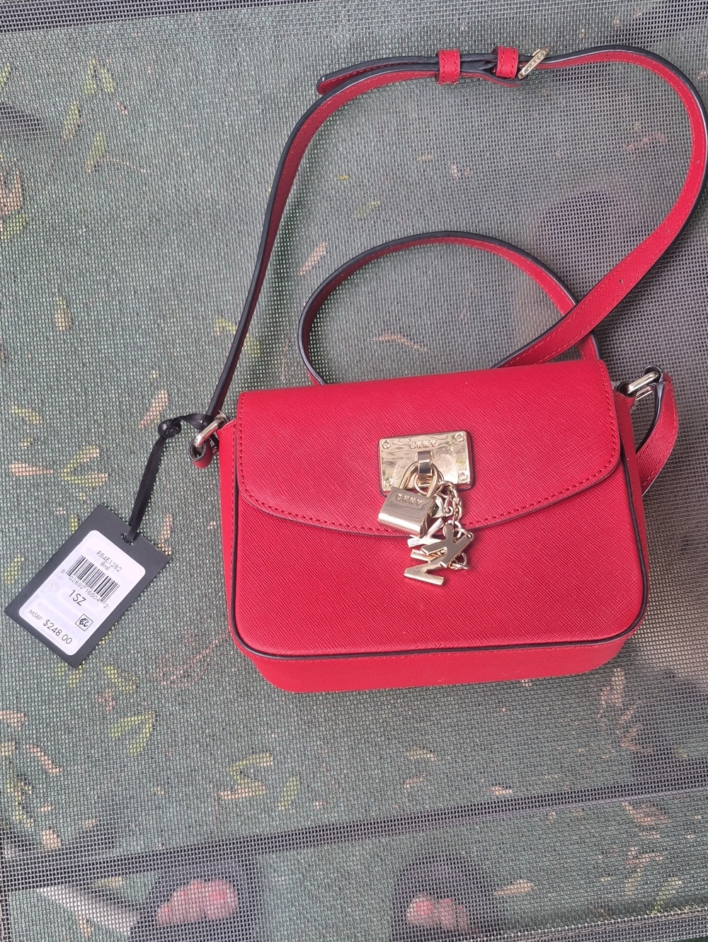 DKNY Red Leather Crossbody with Gold Charm Lock